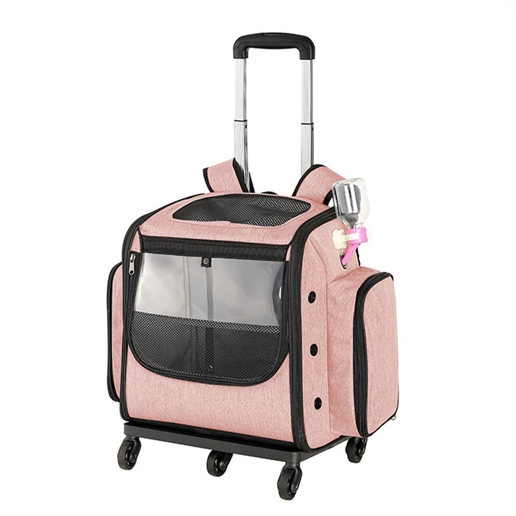 TRB Transportin Perro Pequeño Cochecitos para Perros con Ruedas, Mochila for Gatos Transportin Gato de Viaje con Perro Plegable Bowl, la Caja de Arena para Gatos y Waterer (Color : Pink)