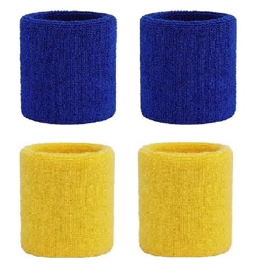 Sports Wristband (4 Pieces) Soft Sweat Absrorbing for All Sports and Outdoor Activities 2.5 inch (Blue + Yellow)