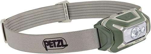 PETZL ARIA 1 RGB, compacto, duradero, impermeable con modos blanco, rojo, verde y azul, 350 lúmenes, desierto