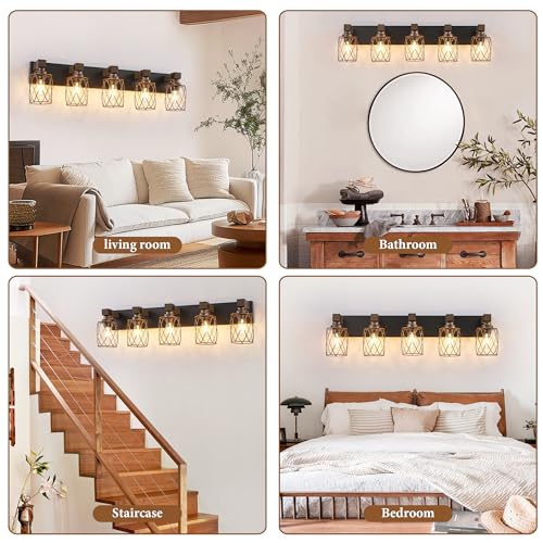 Image of 5-Light Black Gold Farmhouse Vanity Light, Wood & Metal Cage Shade | Mounted Over Mirror, Industrial Rustic Style, Ideal for Bathroom, Bedroom, Hallway & Living Room, Easy To Install