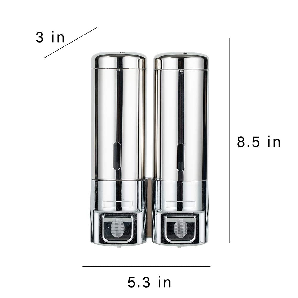Dispenser di sapone da doccia, senza trapano con colla o montaggio a parete con viti, manuale da 300 ml, doppio dispenser per shampoo e doccia, per bagno, in acciaio inox