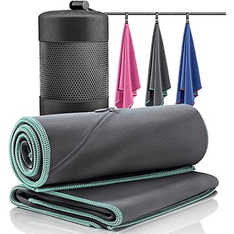 Microfibre Towel Set of 2 + Bag | Antibacterial Quick Dry, Lightweight + Phone Zip Pocket | Large & Small Soft Micro Fibre Towels for Sports Camping Beach Swimming Gym Fitness Travel Outdoor Bath Hair Cover