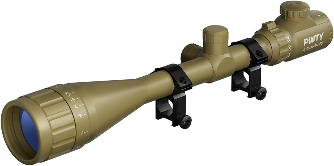 PINTY 6-24x50 AO Rifle Scope with Dual 1" Scope Mount Rings for 20mm Picatinny Rail, Hunting Rifle Scope Rangefinder Mil Dot with RG Illuminated Optics, Shotgun Air Rifle Airsoft Scope