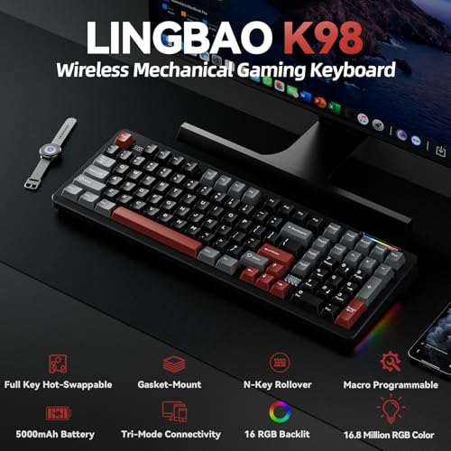 LINGBAO K98 Clavier de jeu mécanique sans fil, trimode BT5.0/2,4 GHz/USB-C, commutateurs linéaires personnalisés, remplaçables à chaud, clavier crémeux avec pavé numérique, clavier de jeu rétroéclairé – vue 2