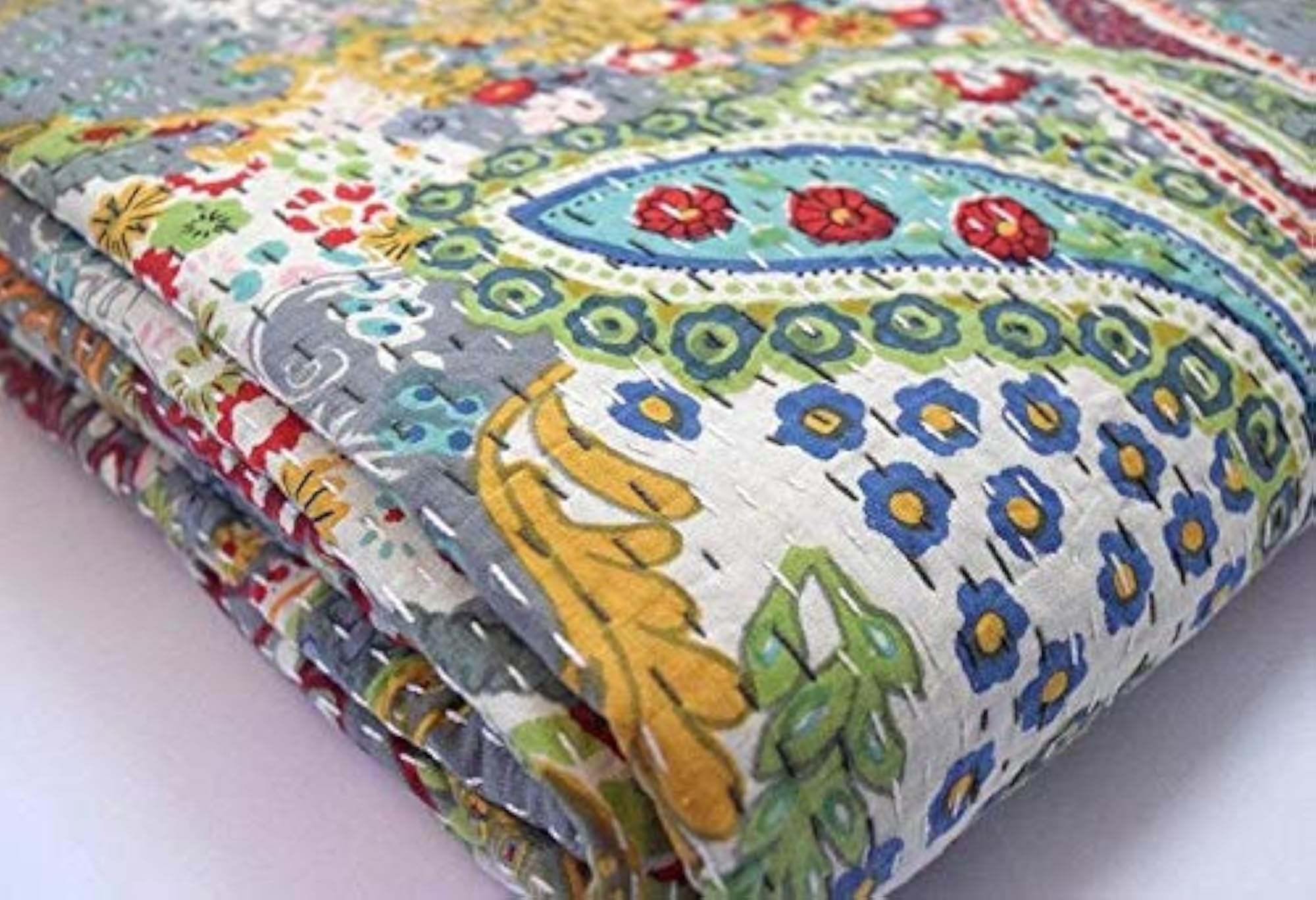 Handmade Kantha Quilt King Size, Bohemian Bedspread, Grey