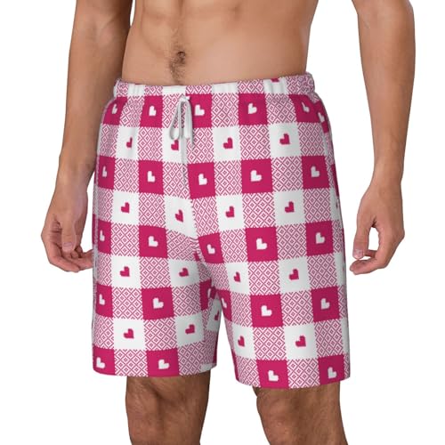 Hot Pink Plaid Heart Funny Men's Swim Trunks Board Shorts Quick Dry-2