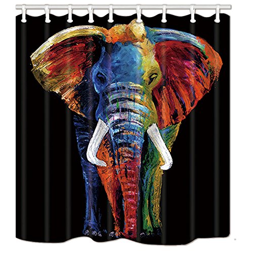 Nymb Wildlife African Safari Decor, Splashing Colorful Boho Animals Elephant In Black Bath Curtain, Polyester Fabric Animal Shower Curtain For Bathroom, 69X70In, Shower Curtains Hooks Included #TOP14