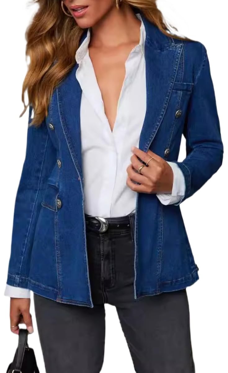 Genérico Las Mujeres De Doble Botonadura Denim Blazer Lavado Azul De Manga Larga Solapa Chaqueta Vaquera Con Bolsillos De Solapa Oficina Casual Chic Abrigo Para La Primavera Otoño