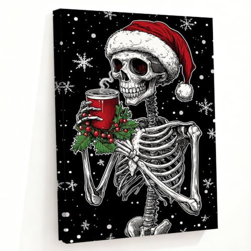 LMYSXAOZ Cuadro de Calavera navideña para Pared, láminas con imágenes de Papá Noel, Pintura gótica de Esqueleto, decoración de Halloween, Obra de Arte enmarcada, Lista para Colgar (Negro,