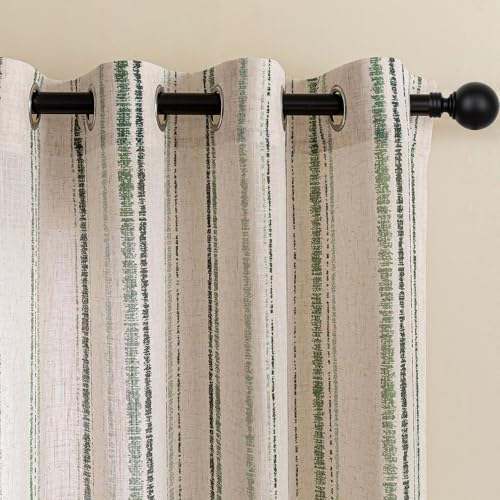 Image of MYSKY HOME Green Striped Patterned Curtains 63 Inches Long Ticking Stripe Pinstripe Farmhouse Linen Blend Curtains for Bedroom Light Filtering Window Drapes, Grommet, 2 Panels, 52 inch Wide