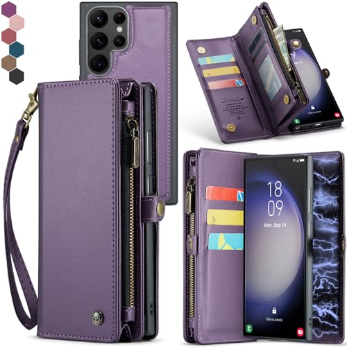 Samsung Galaxy S23 Ultra Wallet Case,Zipper Folio Leather Case Wallet with Card Holder Strap Wristlet Detachable Magnetic Protective Back Case for Samsung Galaxy S23 Ultra 5G 6.8 Inch (Purple)