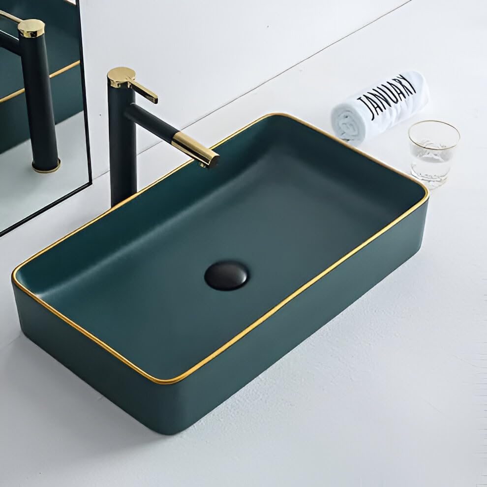 Image of OSOSAM Designer Ceramic Tabletop Basin - Green & Gold Line Slim Rim Vessel Sink for Bathroom & Living Room (24x14x5.5 Inch)