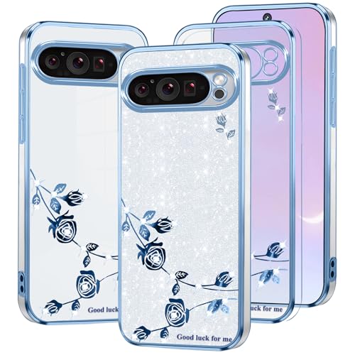 Coque Pixel 9 Pro XL paillettes et fleurs roses mignonne pour femme
