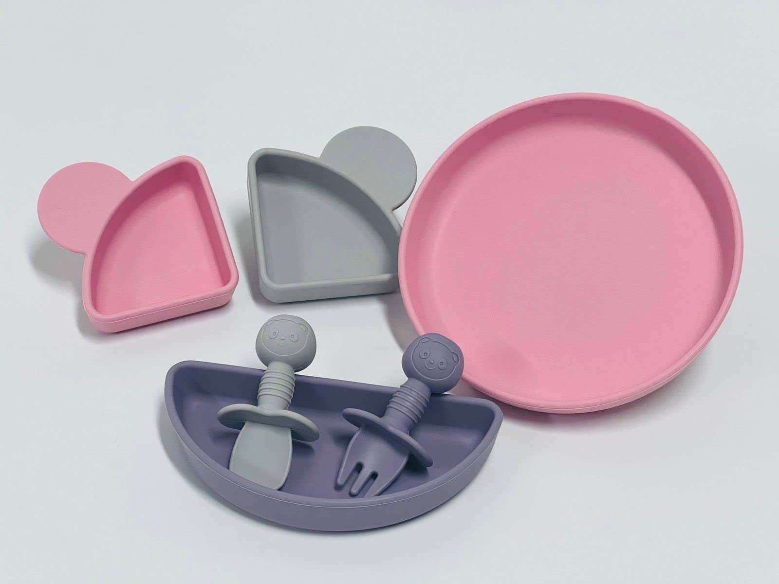 MIX COLOR SILICON BABY FEEDING SET, BABY EATING SUPPLIES, BABY LED WEANING SUPPLIES (Pink Grey Purple)