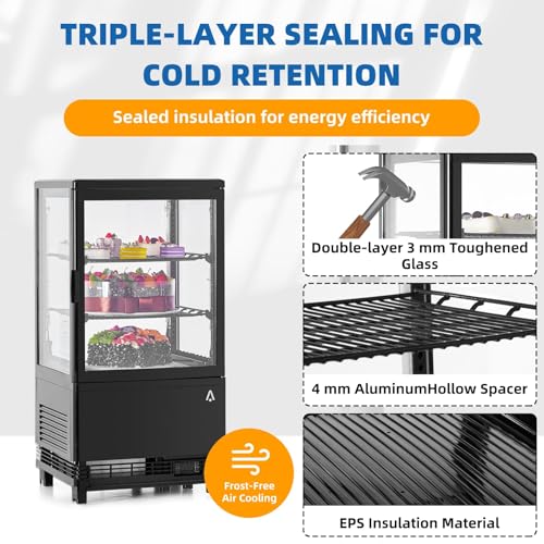 Image of 2 Cu.Ft Countertop Refrigerated Display Case with LED Light | Double Tempered Glass,Digital Control, Anti-Fog, Adjustable PVC Shelves & Auto Defrost for Bakery, Cafe, Restaurant