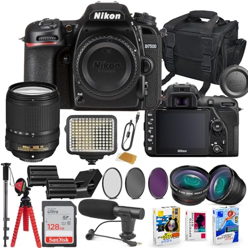 Nikon D7500 DSLR Camera with 18-140mm Lens Bundle with Extra Battery, LED Light, Microphone, 128GB High Speed Memory Flash, Accessory Bundle (27 Items)