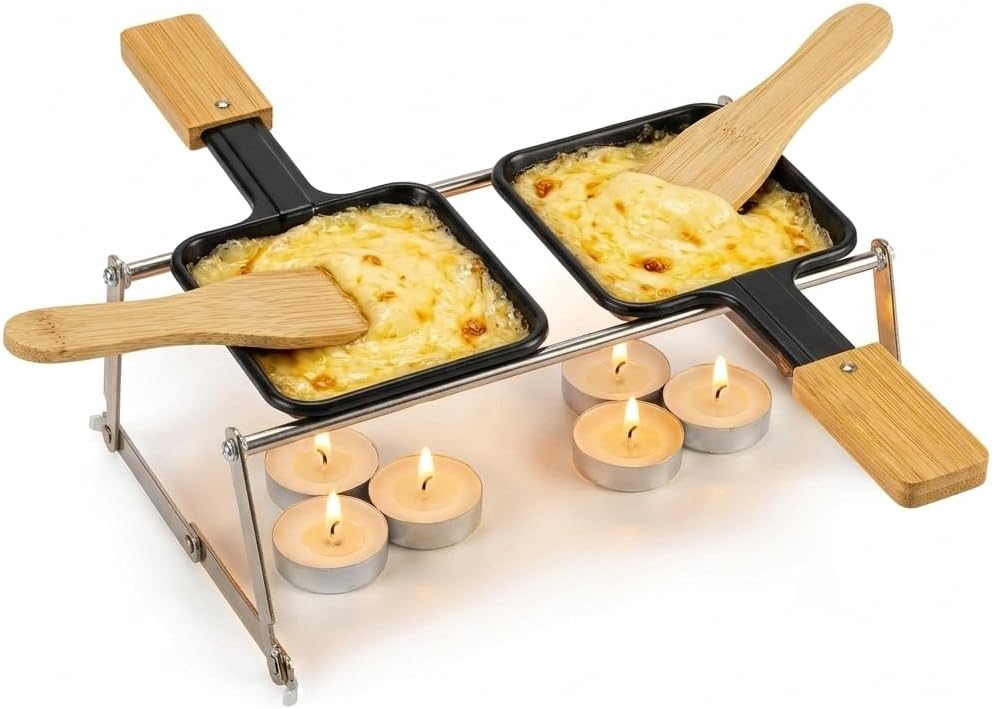 Portable Tabletop Raclette Grill Set, Foldable Mini Candle-Powered Cheese Melter with 2 Non-Stick Pans, 2 Bamboo Spatulas and 6 Tealights, Compact Personal Fondue Maker for Indoor, Picnic, S'mores