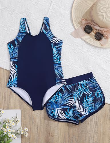 Image of Girls One Piece Swimsuits 2 Piece Girl Bathing Suit with Tropical Print Cover Up Shorts Teen Kids Swimwear 5-13Y
