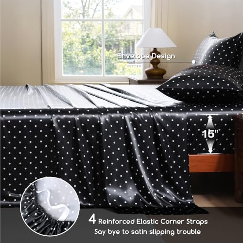 Image of MR&HM Satin Bed Sheets with Elastic Corner Straps, Queen Size Sheets Set, 4 Pcs Silky Bedding Set with 15 Inches Deep Pocket for Mattress (Queen, Polka Dot Black)