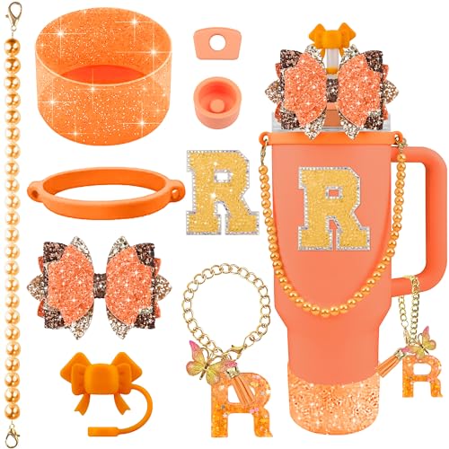 Hpebl 9PCS Orange for Stanley Cup Accessories Set Bling Initials Bow Charms for Stanley Decorations 30/40 Oz Tumbler Accessories Including Bow Straw Topper, Handle Strap, Spill Stopper（Letter R） - image 1