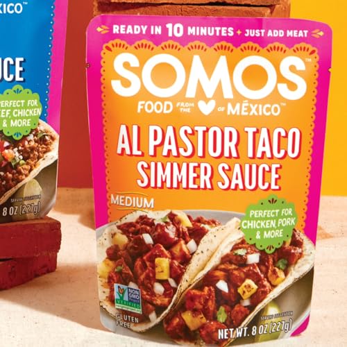 Image of SOMOS Al Pastor Taco Simmer Sauce - Taco Sauce with Guajillo Peppers, Tomatoes, & Pineapple - Gluten Free - Plant Based - Non-GMO - All Natural - Perfect for Chicken, Pork & More - 8oz (6 Pack)