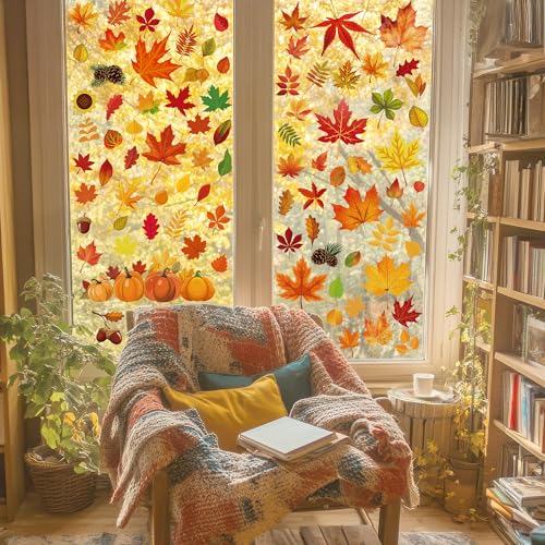 Image of 9 Sheets Fall Decorations, 274 PCS Fall Window Clings, Double Sided Autumn Stickers with Maple Leaves Pumpkin Nuts, Autumn Window Clings for Party Thanksgiving Decor Indoor Outdoor Accessories