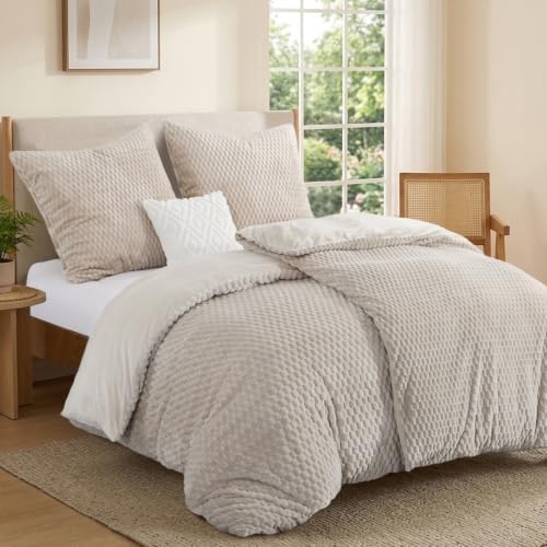 Winter Flanell Bettwäsche 135 x 200 4teilig Warm Plüsch - Beige, ÖKO-TEX | Flauschig 3D Cream Winterbettwäsche 2er Set mit 2 Kissenbezüge 80x80 cm, Kuschelig Bettbezug mit Reißvers