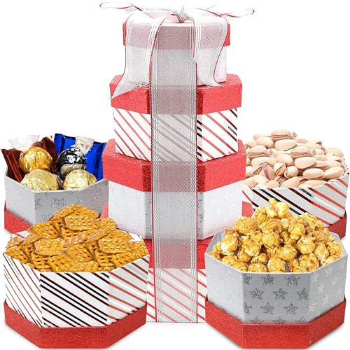 Christmas Tower Box, Party Mix, Gourmet Gift Tower Basket, Gift Basket, Waffle Pretzels, Salted Pistachios, Caramel Corn, Ferroro Rocher