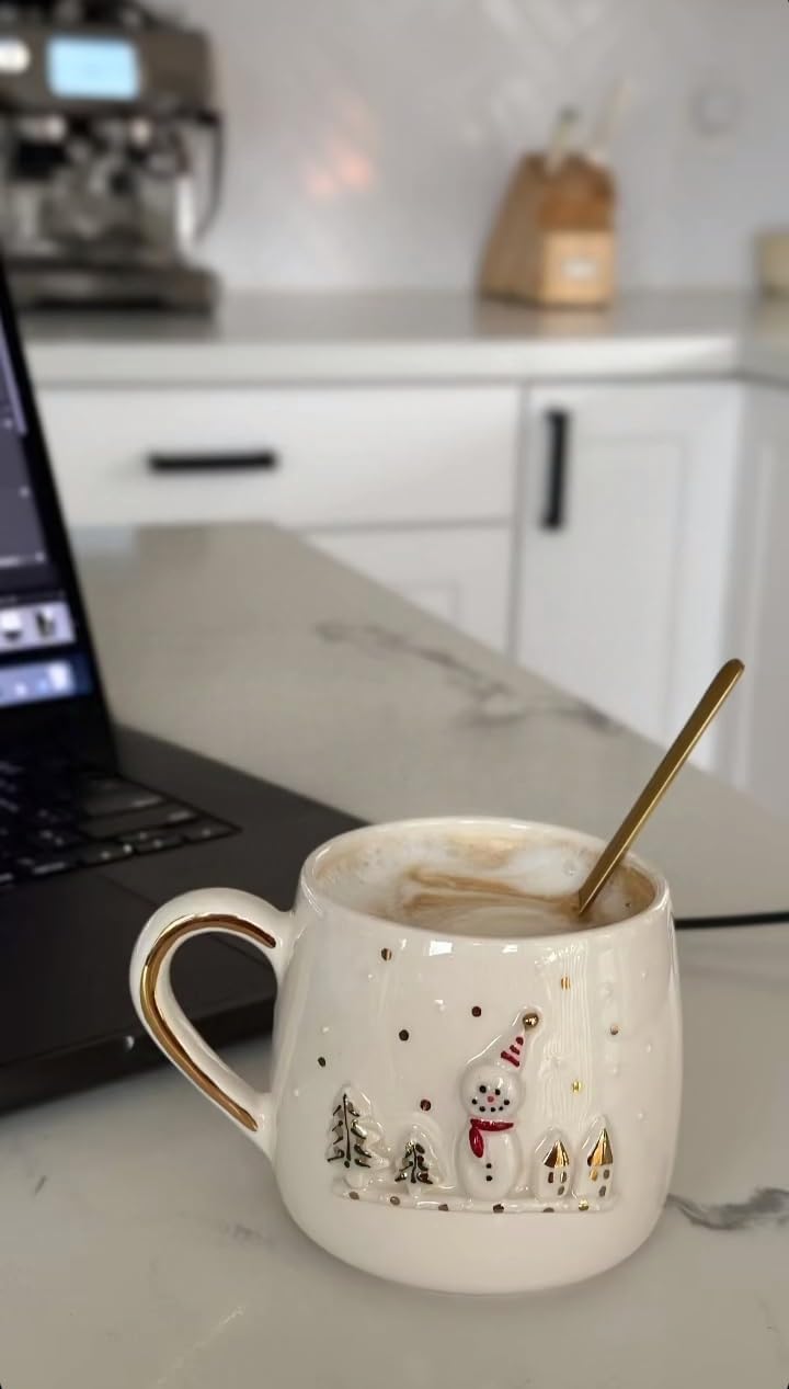 Snowman Mug - Ceramic Christmas Coffee Cup with Gold Handle, Christmas Gift Ideas, Secret Santa Gift