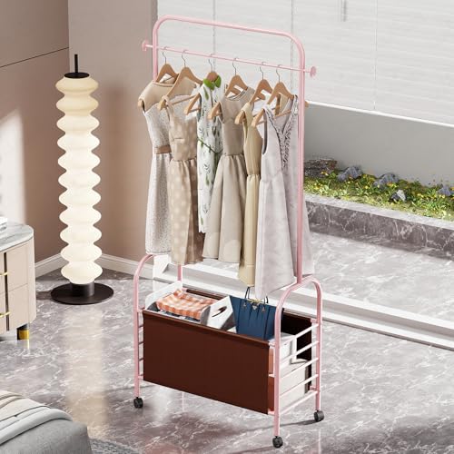 Image of Lukzer | MGR-009 | Pink | Metal Clothes Rail Stand with 360 Rotating Wheels & Leather Storage Bin - 4 Hook Garment Rack Organizer for Bedroom, Closet, Laundry Room, Dormitory | 171 x 75 x 35 cm