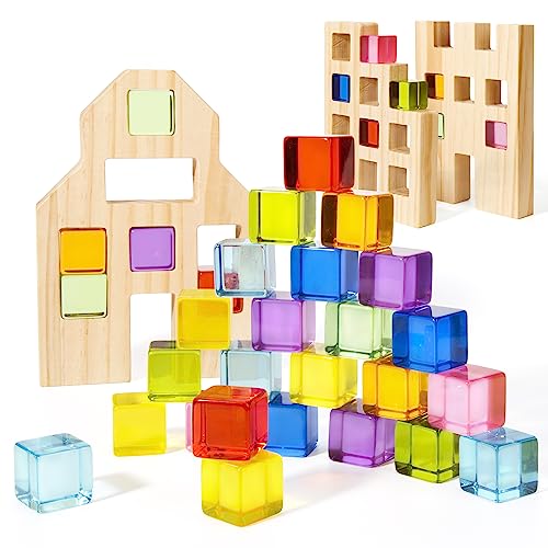 Woodtoe Wooden Building Blocks Set for Kids, 36 PCS Rainbow Acrylic Gem Cubes Blocks - 3 Wood House, Montessori Stacking Toy for Toddlers, Educational STEM Easter Toys for Boys Girls 3-6