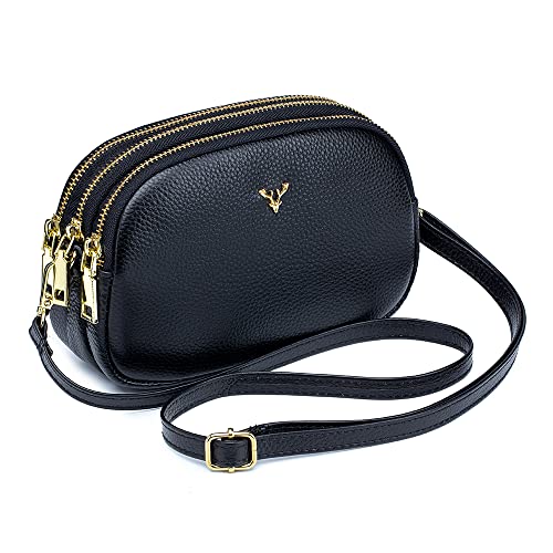 Petit sac à bandoulière en cuir véritable noir femme fille triple fermeture éclair