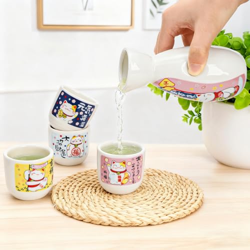 Image of Goaste 5 Pieces Ceramic Japanese Sake Set, Durable Maneki Neko Sake Cups, Handmade Pottery Sake Glasses with 1 Bottle and 4 Cups in Cute Fortune Cat Pattern for Home Decoration, Gifting