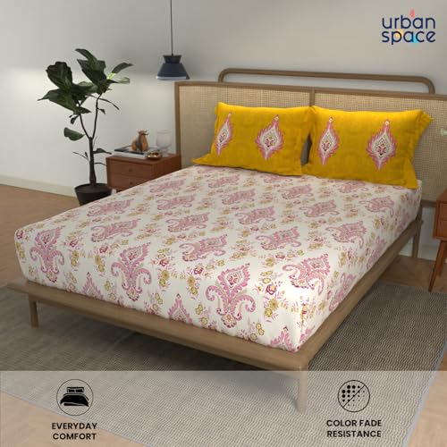 Image of Urban Space - Divine Collection 100% Cotton Double Bedsheet with 2 Pillow Covers, Bedsheet - 90 inch x 100 inch, Motif Mustard