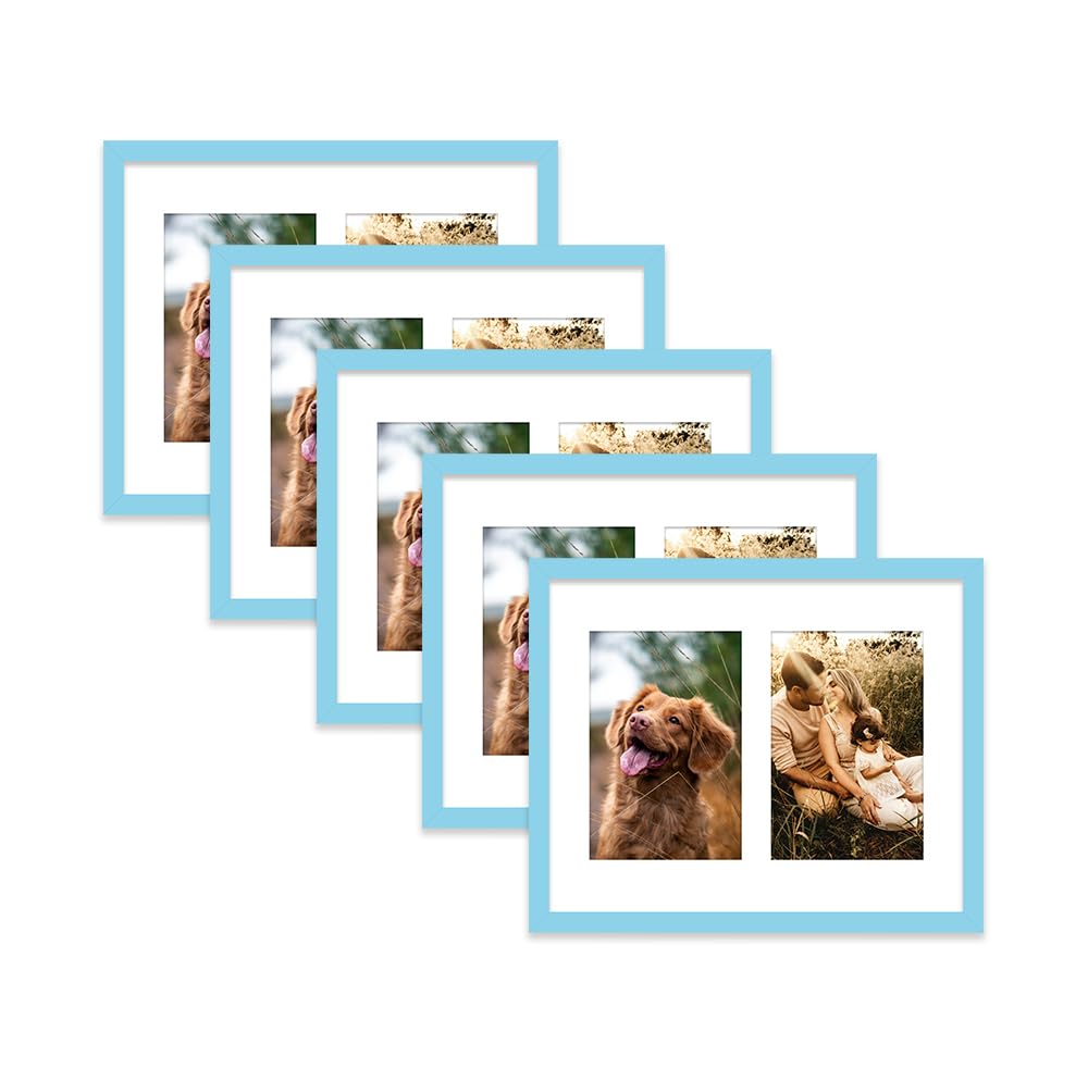 Light Blue Multi Photo Frame - Holds 2 x 6x4 Pictures, Family Collage Picture Frame for Wall Display, 10x8 Frame size, Set of 5