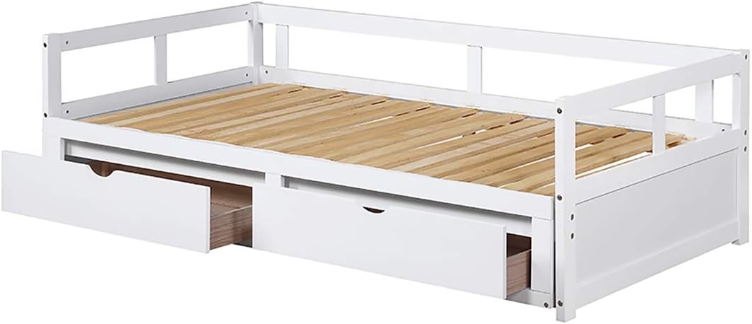 Wooden Daybed Extendable Bed with Two Storage Drawers, Sofa Bed for Bedroom Living Room, Twin/King Size (White with Drawers)
