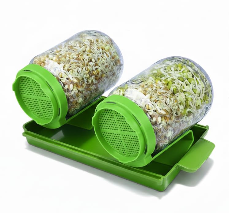 Image of Rellon Sprout Maker Glass Jar Seed Sprouting Kit, 2 Large Wide Mouth Mason Jars with Sprout Lids, Drain Tray, Sprouts Growing Kit for Seeds Dal Channa CholeOrganic Sprouting Jar(750Ml) (PACK OF 2)