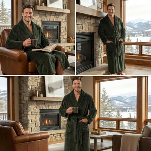 Image of FashGudim Mens Robes Big and Tall Full Length Plush Fleece Long Robe for Men Bathrobe Shawl Collar Warm Winter House Robes