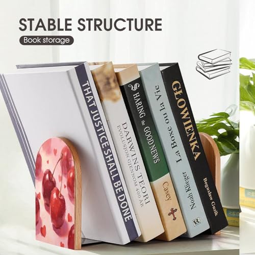 Sujetalibros de madera resistente tallada con diseño duradero de cerezas y corazones 8
