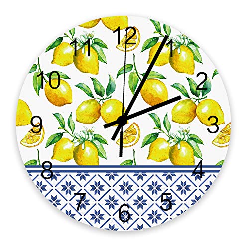 TAOGAN Wall Clock Yellow Lemon Wood Clock Silent Non Ticking Blue Flower Pattern Summer Style Round Clock Battery Operated Decorative Wall Clock 12 x 12 inch
