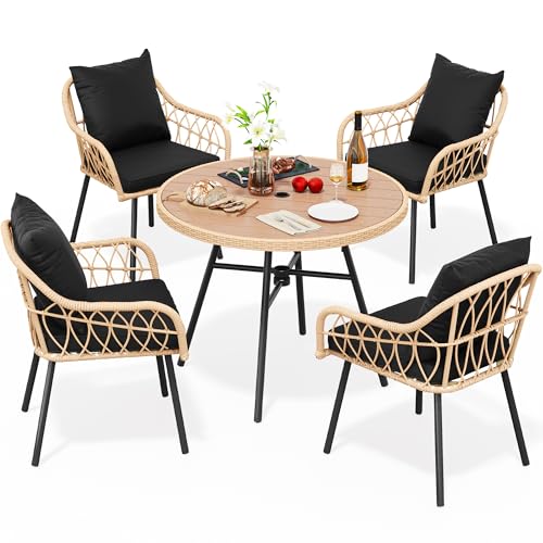 YITAHOME 5-Piece Outdoor Patio Furniture Dining Set, All-Weather Rattan Conversation Set with Soft Cushions and Plastic Wood Tabletop Dining Table for Backyard Deck (Light Brown + Black)