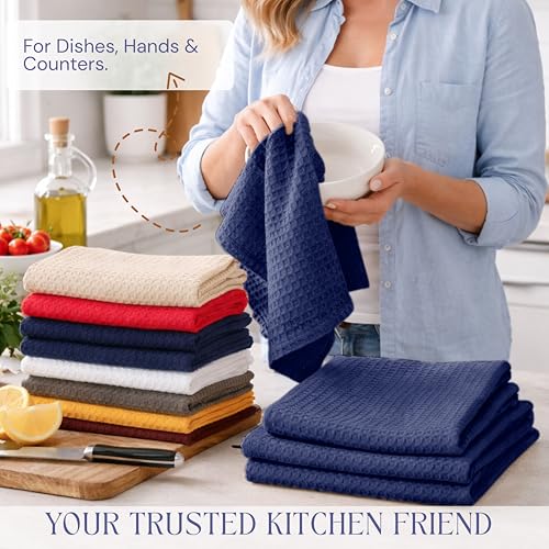 Image of Waffle Weave Dish Towels 4 Pack, 16x26 Inches, Quick Dry Towels for Kitchen, Reusable, Absorbent Wash Cloths Set, Washable Fabric, Heavy Duty for Daily Use - Indigo Blue