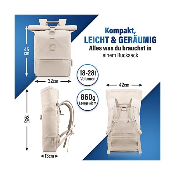 HEAVER® Rolltop Rucksack –Super praktischer Daypack- Ergonomischer u. sicherer Transport deiner Gegenstände und Laptop bei jedem Wetter- Damen/Herren – Bild 6