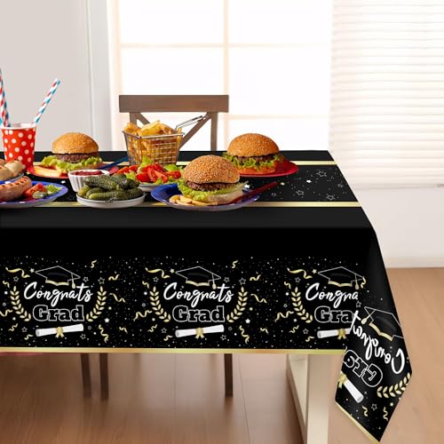 Image of Childom 2 Pack Graduation Tablecloth,Graduation Decorations Class of 2026 Graduation Party Decorations,54 inchx108 inch Black and Gold Plastic Table Cloth Disposable Rectangle for Home,School,Party Supplies