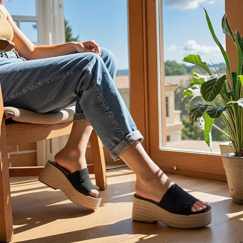 Image of EQAUDES Platform Slip on Espadrille Sandals for Women Summer Wedges Slides -Flatform, Open Toe, Bohemia, Beach, Wedding