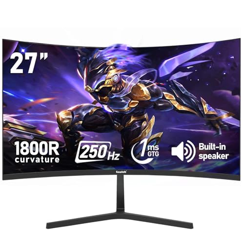 Image of Gawfolk 27 Inch PC Computer Screen,1800R Curved Gaming 250Hz Monitors, FHD 1080p 1ms, Freesync, 98% sRGB,Built-in Speaker, HDMI2.0、DisplayPort, Compatible with Wall-Mounted 100 * 100MM-Black