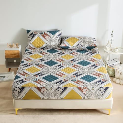 FOREPOTY Spannbettlaken Ultra Weich,Gestepptes, wasserdichtes Bettlaken in Reiner Farbe, urinfester Matratzenschoner mit Cartoon Aufdruck für Kinderzimmer, Quadrate, 160 x 200 cm + 30 cm (1 Stück)