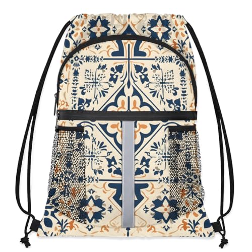 Tribe Flower Drawstring Backpack Waterproof String Bag Sackpack Boho Abstract Cinch Sack for Traveling Gym Sports with Mesh Pockets - Main Image