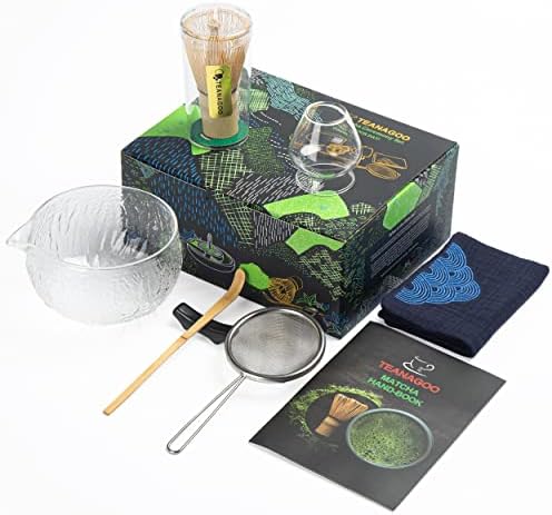 TEANAGOO Japanese Glass Matcha Set (7pcs), Matcha Bowl with Pouring Spout Bamboo Matcha Whisk (chasen) Scoop (chashaku) Matcha Whisk Holder. N21, Clear Glass, Matcha Green Tea Powder…