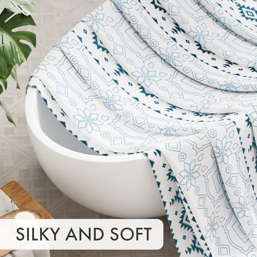 Image of AmazerBath Boho Shower Curtain, 72x72 Washable Cloth Navy and White Shower Curtains for Bathroom, Fabric Rustic Neutral Shower Curtain Set with 12 Hooks, Modern Camper RV Dorm Stall Shower Curtain